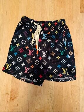 Men's Black Swim Trunks with Multicolor Louis Vuitton Logo Print